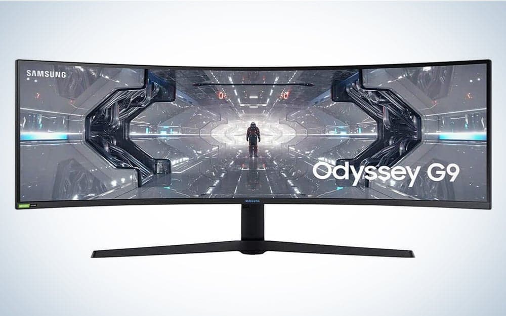 A front-facing view of the Samsung 49 inch Odyssey G9 4K curved gaming monitor.