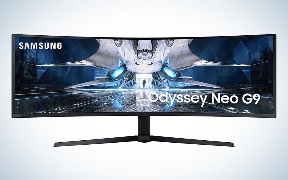 A front-facing view of the Samsung 49 inch Odyssey Neo G9 4K curved gaming monitor.