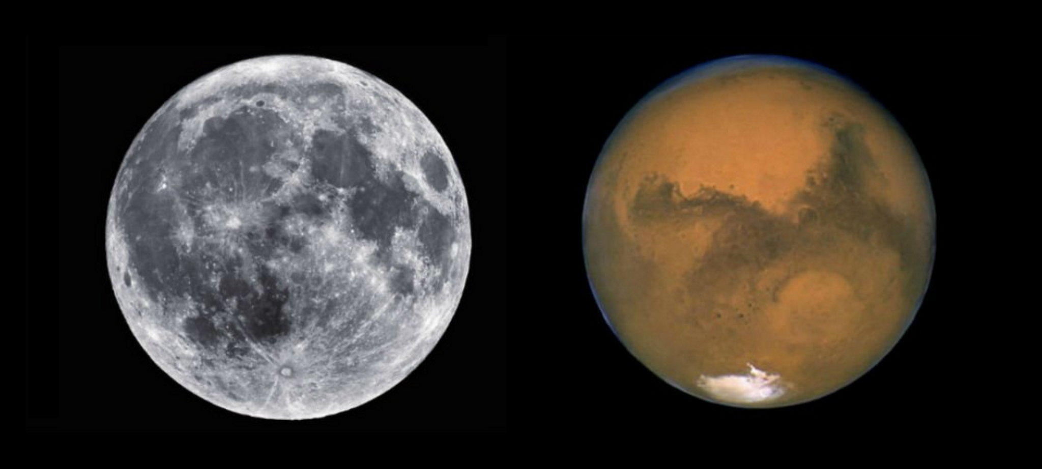 Moon: NASA/Sean Smith, Mars: NASA/J. Bell (Cornell U.) and M. Wolff (SSI).