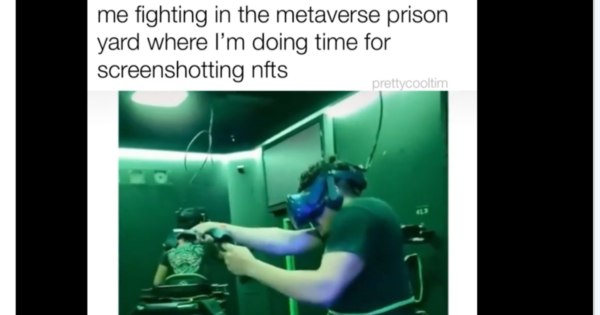 Image shows man wearing VR headset presumably playing some kind of fighting game in low, green-tinted lighting.