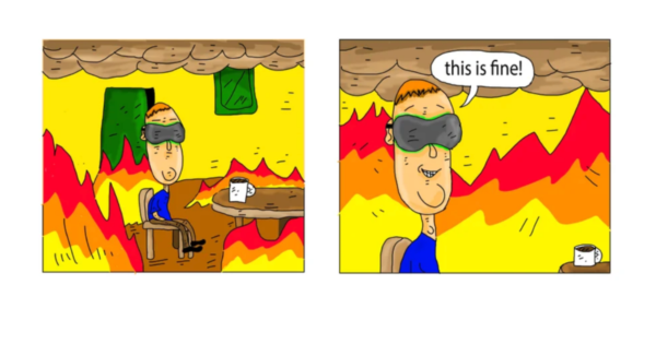 Left image shows an original character sitting in a burning building wearing VR goggles. Right images shows the same character captioned as saying, "This is fine."
