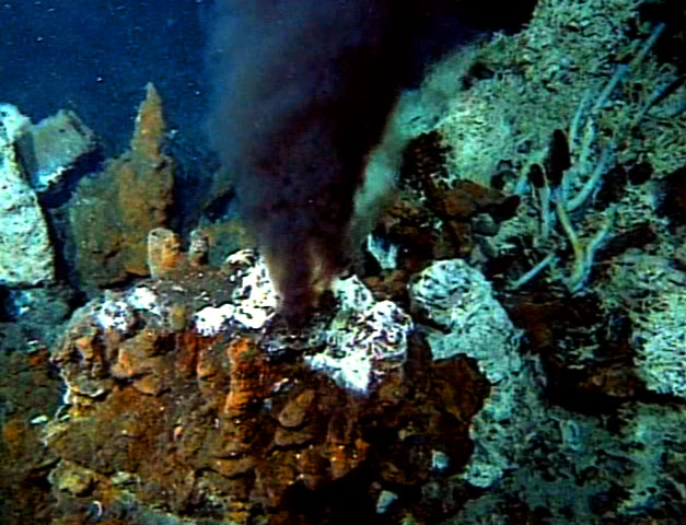 "Black smoke" billows from hydrothermal vents on the ocean floor. (Credit: WGBH Educational Foundation)