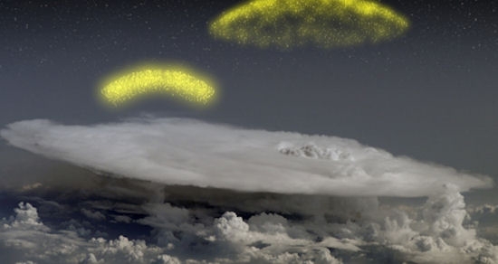 An artist's concept of antimatter spraying above a thunderhead