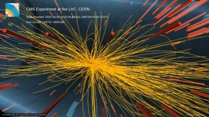 Image of a 7 TeV proton-proton collision in CMS producing more than 100 charged particles. Image Credit and copyright: CERN