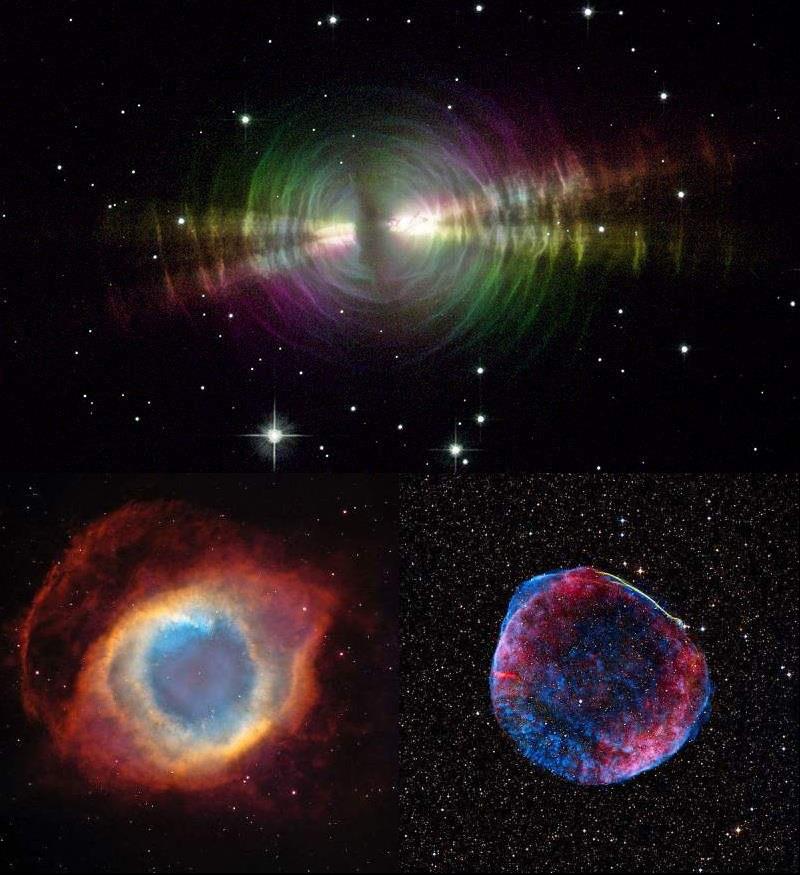 Top: An example of a protoplanetary nebula. - the Egg nebula Bottom left: An example of a planetary nebula - the Helix nebula. Bottom right: An example of a supernova remnant - SN 1006.