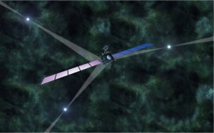Artist's impression of pulsar-based navigation of space probes in deep space. The characteristic time signatures of strongly magnetised and fast spinning neutron stars, called pulsars, are used as natural navigation beacons to determine the position and velocity of a spacecraft. Copyright: Rosetta (ESA), compilation (MPE).