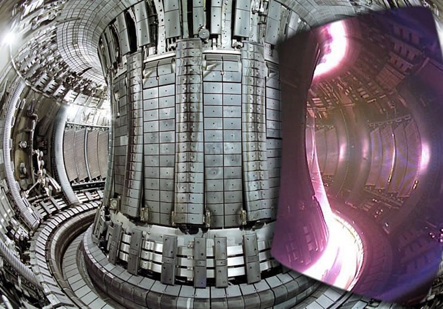 European JET Tokamak, both before and during operation. Photo: EFDA, JET.