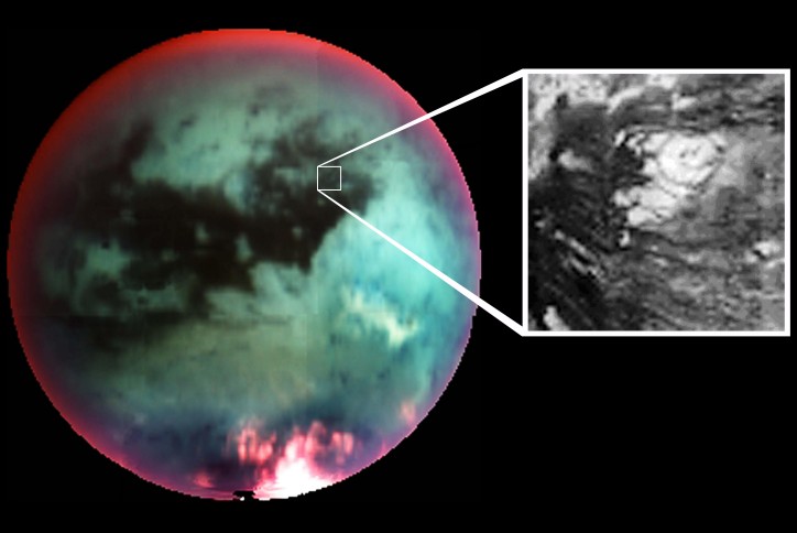  Investigators suspect the domed feature detailed above is an ice volcano, or cryovolcano, seen in infrared light  through the hazy atmosphere on Saturn's moon Titan. Since Titan's surface temperature is around minus 180 degrees Celsius, lava welling up to form the volcanic mound  would be icy indeed - possibly a slurry of methane, ammonia, and water ice combined with other ices and hydrocarbons. The circular feature  is roughly thirty kilometers in diameter. If its volcanic nature is confirmed, the discovery of cryovolcanism on Titan could explain the origin of methane in Titan's atmosphere.