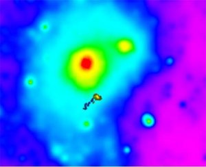 Here is a false-color ultraviolet image of the dwarf galaxy IC3418 with its ram-pressure-stripped tail of young stars (from the GALEX satellite), shown on a false-color X-Ray image of the Virgo cluster, showing hot gas in the cluster (from the ROSAT satellite). The size of IC3418 is magnified by a factor of 10 relative to the cluster, in order to make it easier to see.
