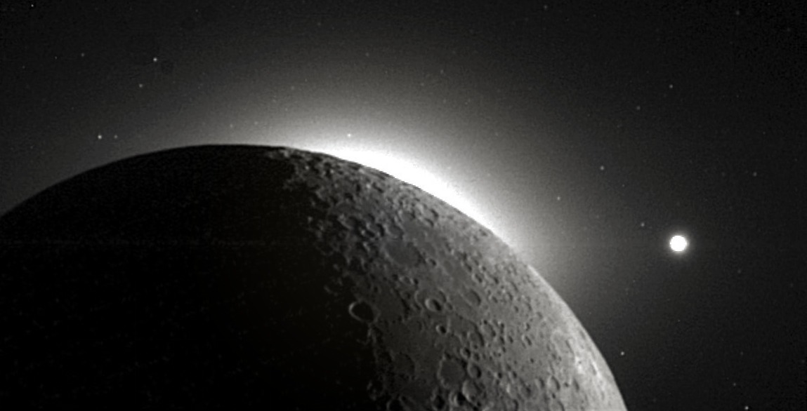 This is a picture of coronal and zodiacal light (CZL) taken with the Clementine spacecraft, when the sun was behind the moon. The white area on the edge of the moon is the CZL, and the bright dot at the top is the planet Venus. Credit: NASA 