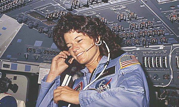 On Challenger's middeck, Mission Specialist (MS) Sally Ride via NASA