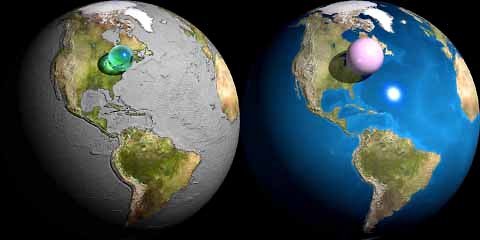 An illustration shows the volume of all the world’s liquid water if put in the form of a sphere (green) and the volume of the atmosphere (pink) if the air were all at sea-level pressure. Credit: 