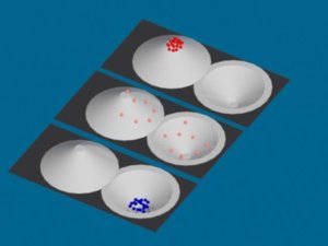 Left: Low entropy particles at a low temperature. Middle: Maximum entropy (infinity temperature). Right: Low entropy, but very high temperature (negative temperature). Image credit: FQTQ's own Ben Leza