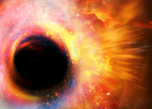 The regions around supermassive black holes shine brightly in X-rays. Some of this radiation comes from a surrounding disk, and most comes from the corona, pictured here in this artist's concept as the white light at the base of a jet. This is one of a few possible shapes predicted for coronas. Image Credit: NASA/JPL-Caltech