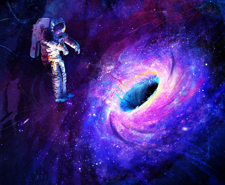 Rendering of an observer overlooking a black hole (Image Credit: Andy Potts)