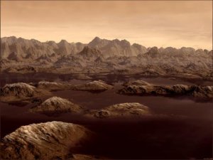 Artist rendering of Titan's lakes. (Credit: Karl Kofoed)