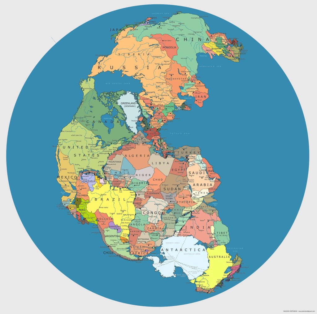 Pangea with current geopolitical borders via Reddit