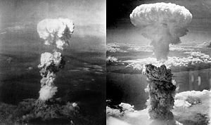 Atomic bomb mushroom clouds over Hiroshima (left) and Nagasaki (right) (via Wikimedia Commons)