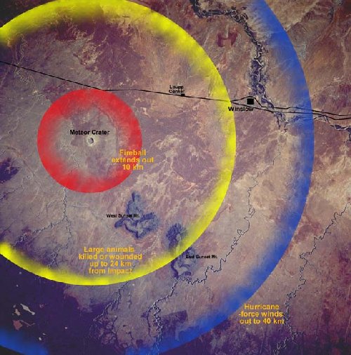 Superimposed on this space shuttle image of the crater area are the effects of the impact with its accompanying fireball on the local environment (with permission from NASA/Univ. AZ Space Imagery Center). Any animal within 25 km of the impact probably would not have survived the blast.