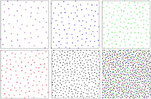 From the study: "Experimentally obtained configurations representing the spatial arrangements of chicken cone photoreceptors. Upper panels: The configurations shown from left to right, respectively, correspond to violet, blue, green species. Lower panels: The configurations shown from left to right, respectively, correspond to red, double species, and the overall pattern."