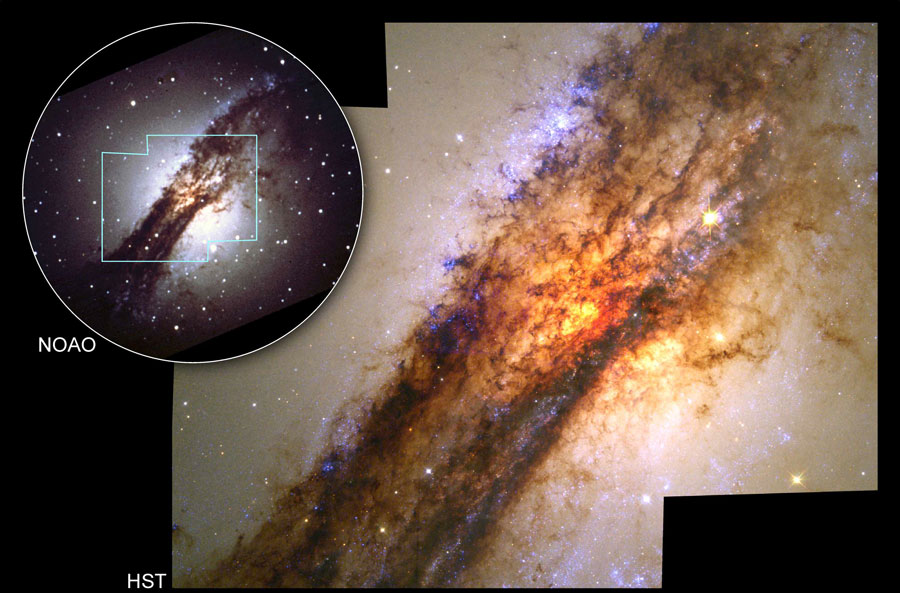 Is this a black hole in the galactic center? (Credit: E.J. Schreier (AUI) et al., Hubble, NASA; Inset: NOAO)