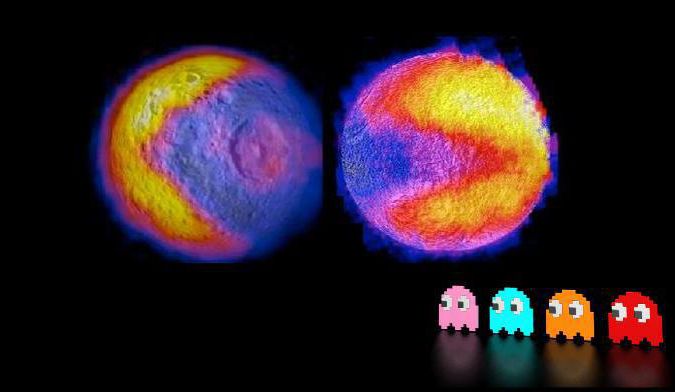 This view of the Pac-Man shapes on Saturn's moons Mimas and Tethys show variations in the heat signature of both moons. (Image: NASA/JPL-Caltech/GSFC/SWRI)