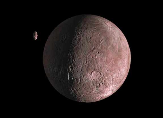 An artist's conception of Quaoar and its small moon Weywot. Credit: NASA/JPL-Caltech/R. Hurt (SSC-Caltech)