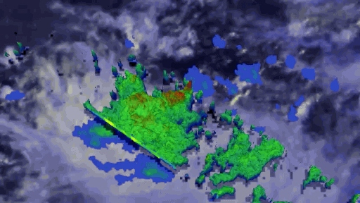 Simulation of System 92B's 3D rainfall structure. Credit: NASA/SSAI, Hal Pierce, TRMM