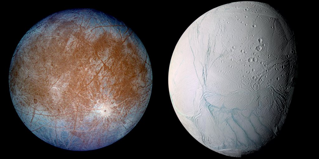 Left image, Europa. Right, Enceladus (Credit; NASA)