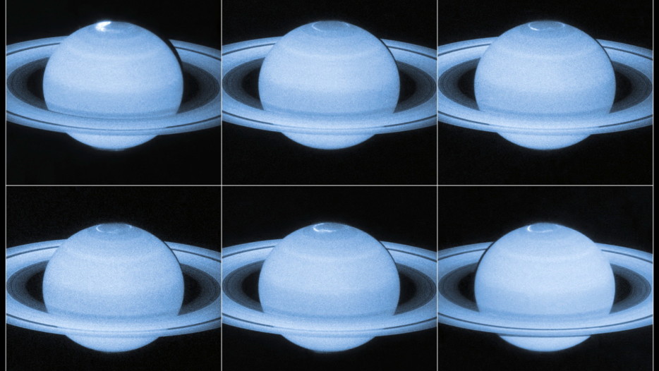 Images of aurora on Saturn via Credit: NASA/ESA, Acknowledgement: J. Nichols (University of Leicester)