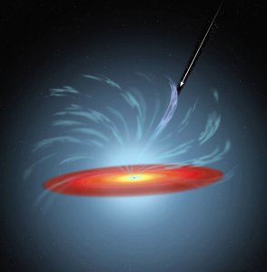 An artist's conception of NGC 5548. The arrow in the image points to the gas stream as it moved into Hubble's line of sight. Image Credit: NASA/ESA/Hubble