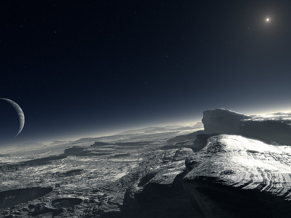 Artist’s impression of how the surface of Pluto might look.  The Sun is 1000 times fainter. Image via ESO/L. Calcada