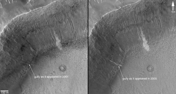 These two images, taken four years apart, show the martian gully evolving over time. Photo via Universe Today. Image credit: NASA/JPL/Malin Space Science Systems