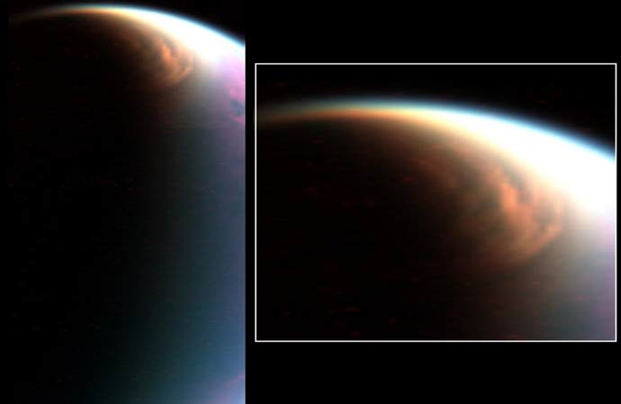 This cloud hangs in the stratosphere, over Titan's the north pole of Titan  (Credit: L. NASA/JPL/U. of Ariz./LPGNantes; R. NASA/GSFC/M. Schoeberl)