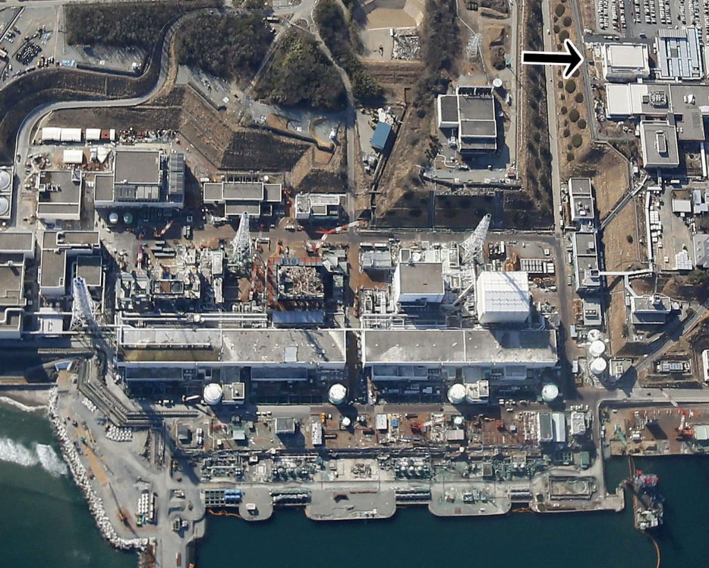 In an aerial photo Fukushima No. 1 nuclear power plant, the location of the power failure is shown in the top right corner. Image Credit: KYODO