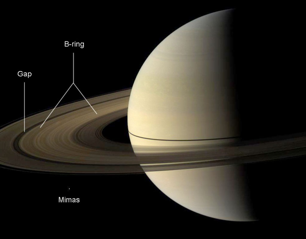 Mimas In Respect to Saturn and its ringers  (Image Credit: NASA)