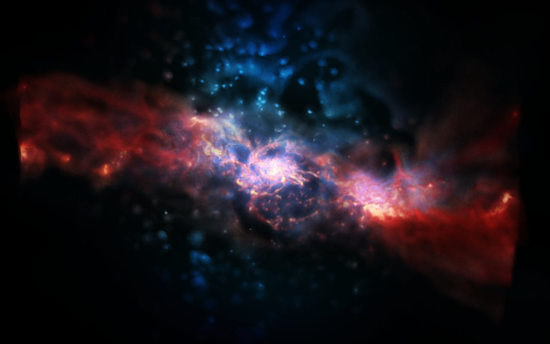 Artist rendering of cold gas (in red) flowing into a spiral galaxy, driving turbulent flow (in blue). (Robert Crain, James Geach, the Virgo Consortium, Andy Green and Swinburne Astronomy Productions) 