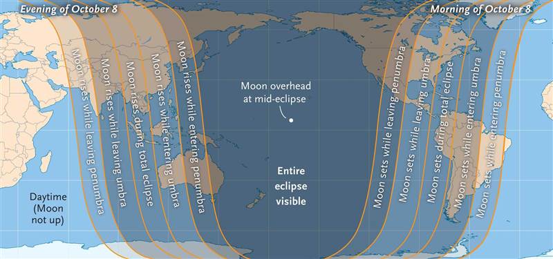 This map shows where Wednesday's lunar eclipse will (and won't) be vlsible. The transition zones are where it's theoretically possible to see the eclipsed moon and the sun at the same time.