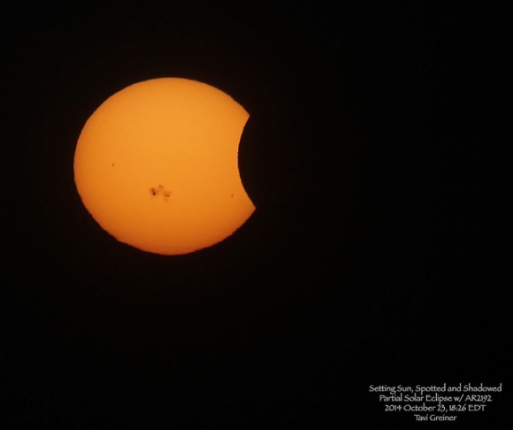 The setting Sun, shadowed by the Moon and spotted with intense magnetic activity on October 23, 2014. Credit and copyright: Tavi Greiner.