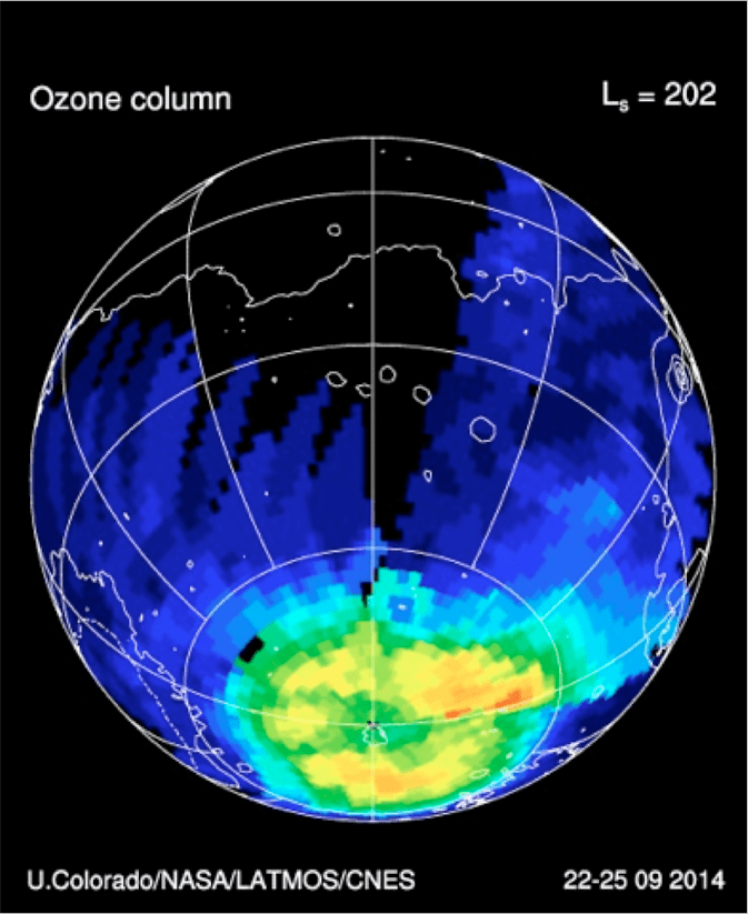 Ozone is abundant at the Martian poles due to cooler temperatures and less sunlight. Image Credit: Univ. Colorado, Boulder