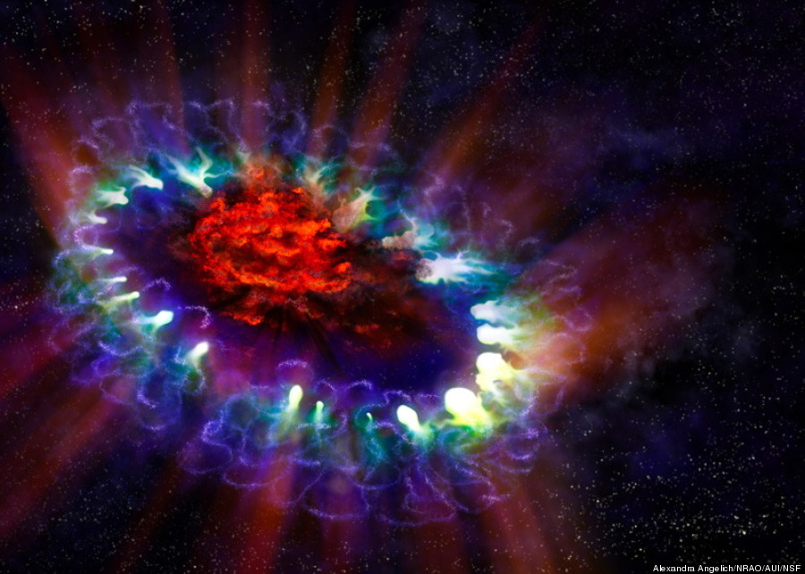 This artist's illustration of supernova 1987A reveals the cold, inner regions of the exploded star's remnants (in red) where tremendous amounts of dust were detected and imaged by ALMA.