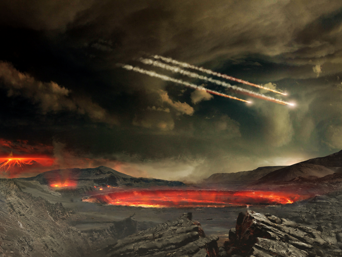 This is an artist's concept of the young Earth being bombarded by asteroids. Scientists think these impacts could have delivered significant amounts of organic matter and water to Earth. (Image Credit: NASA's Goddard Space Flight Center Conceptual Image Lab)
