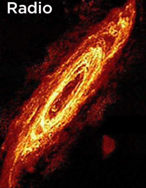 Radio data comes from GALEX, visible light is from Robert Gendler, ultraviolet is from SWIFT, x-ray is from various sources (ESA/XMM-Newton/EPIC/W. Pietsch) and far-infrared comes from Herschel (ESA/Herschel/PACS/SPIRE/J. Fritz, U. Gent)  (GIF via Brian Koberlein on G+)