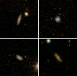 Images of four distant galaxies observed with the Arecibo radio telescope, which have been found to host huge reservoirs of atomic hydrogen gas. (Credit: Sloan Digital Sky Survey)