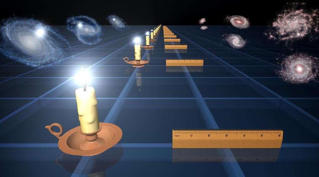Illustration of standard rulers and standard candles to measure expansion of universe. (Credit: NASA/JPL-Caltech)