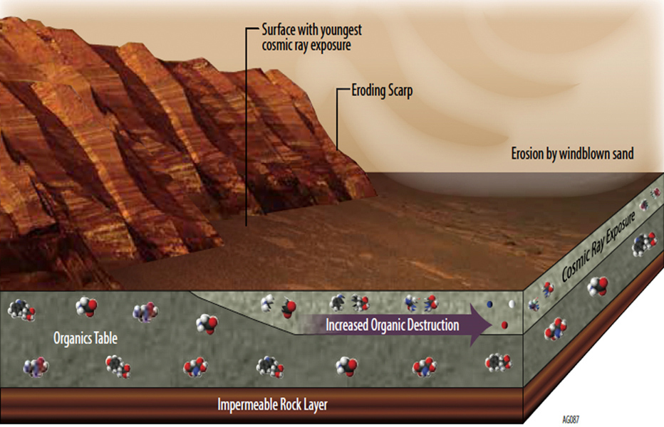 Whatever organic molecules may be produced on Mars or delivered to Mars face several possible modes of being transformed or destroyed. Image Credit: NASA/JPL-Caltech