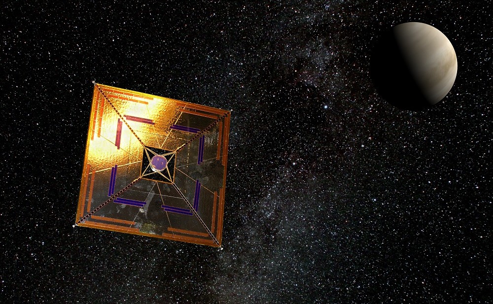 IKAROS spaceprobe with solar sail in flight (artist’s depiction) showing a typical square sail configuration. Credit: Wikimedia Commons/Andrzej Mirecki 