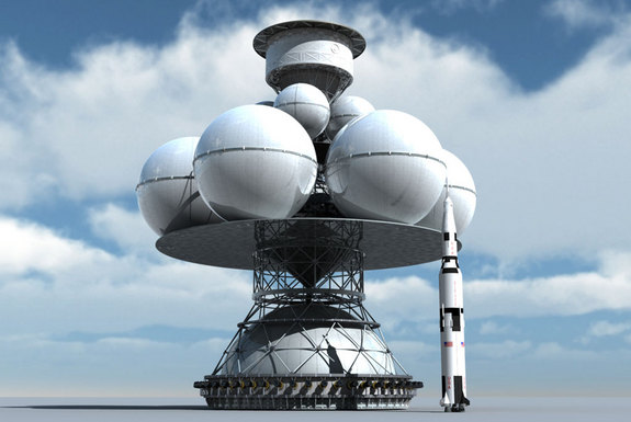 Artist’s concept of the Project Daedalus spacecraft, with a Saturn V rocket standing next to it for scale. Credit: Adrian Mann