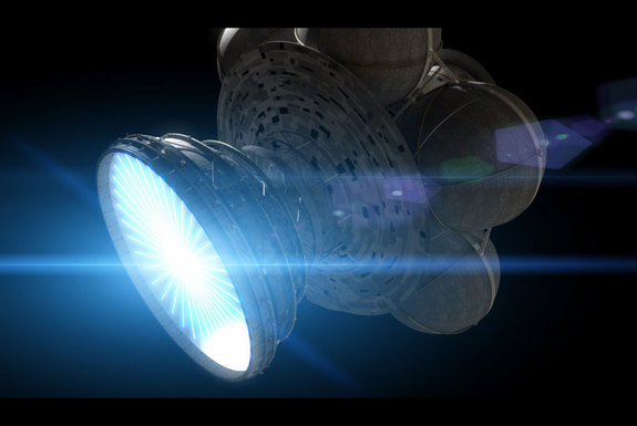 Artist’s concept of the Daedalus spacecraft, a two-stage fusion rocket that would achieve up to 12% he speed of light. Credit: Adrian Mann