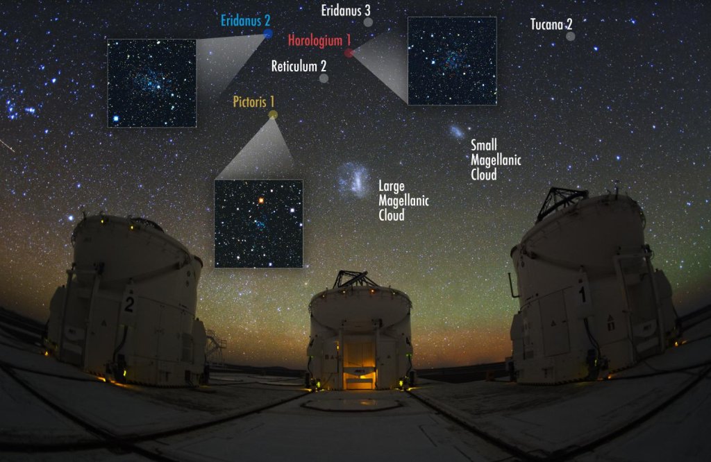 The Magellanic Clouds and the Auxiliary Telescopes at the Paranal Observatory in the Atacama Desert in Chile are shown. Only 6 of the 9 newly discovered satellites are present in this image.  Credit: V. Belokurov, S. Koposov (IoA, Cambridge). Photo: Y. Beletsky (Carnegie Observatories)